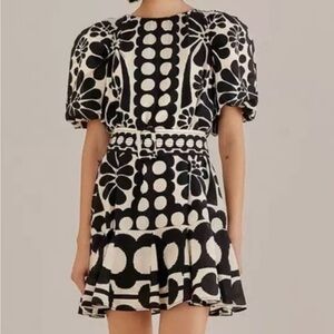 NWT Farm Rio Size S Palermo Puff Sleeve Mini Dress Black &white